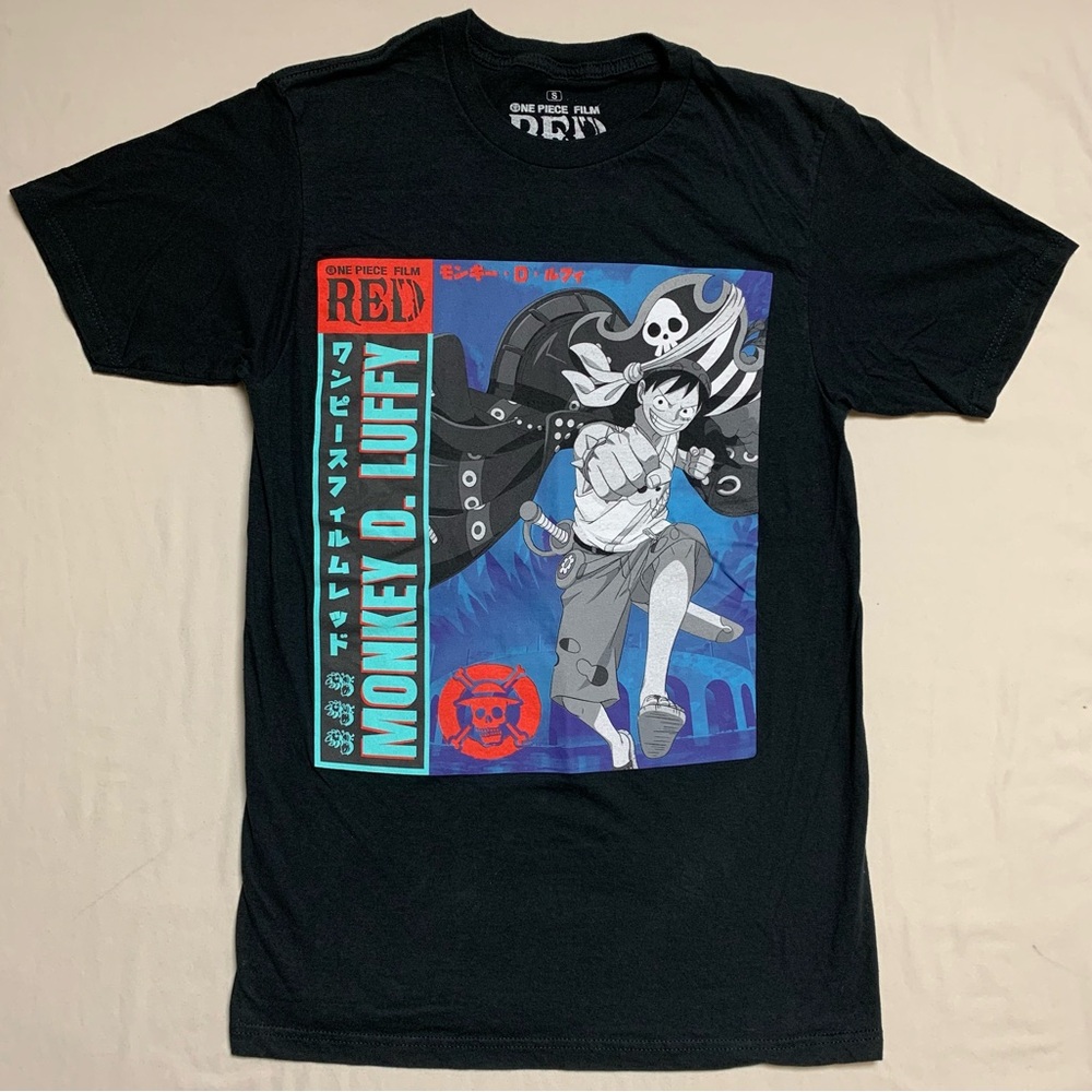 Manga Monkey Luffy TShirt Men’s Small One Piece Film Black Top Short Sleeve Tee